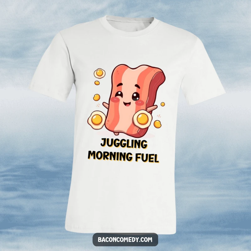 Funny Bacon Juggling T-Shirt: A smiling bacon strip winks while juggling small fried eggs, showcasing breakfast skill and humor.