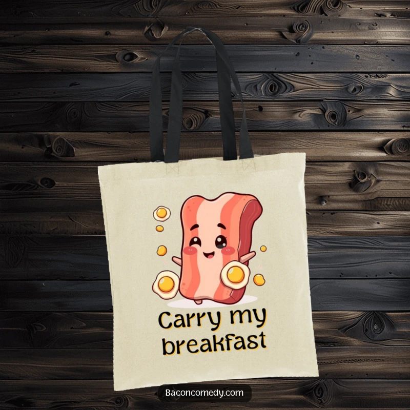 Funny Bacon Juggling Tote Bag: A smiling bacon strip winks while juggling tiny fried eggs, showcasing culinary talent.